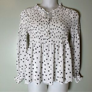 Rose + Olive Women's Babydoll White and Black Heart Print smocked Top size L
